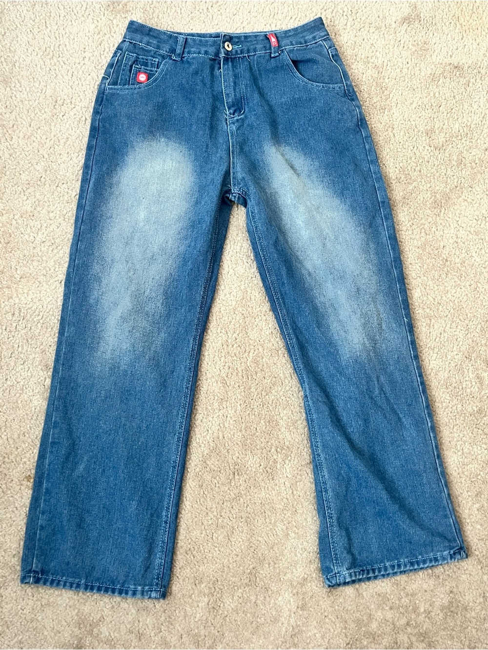 JNCO Men’s Blue 32 Washed Straight Jeans with Back Pocket Print